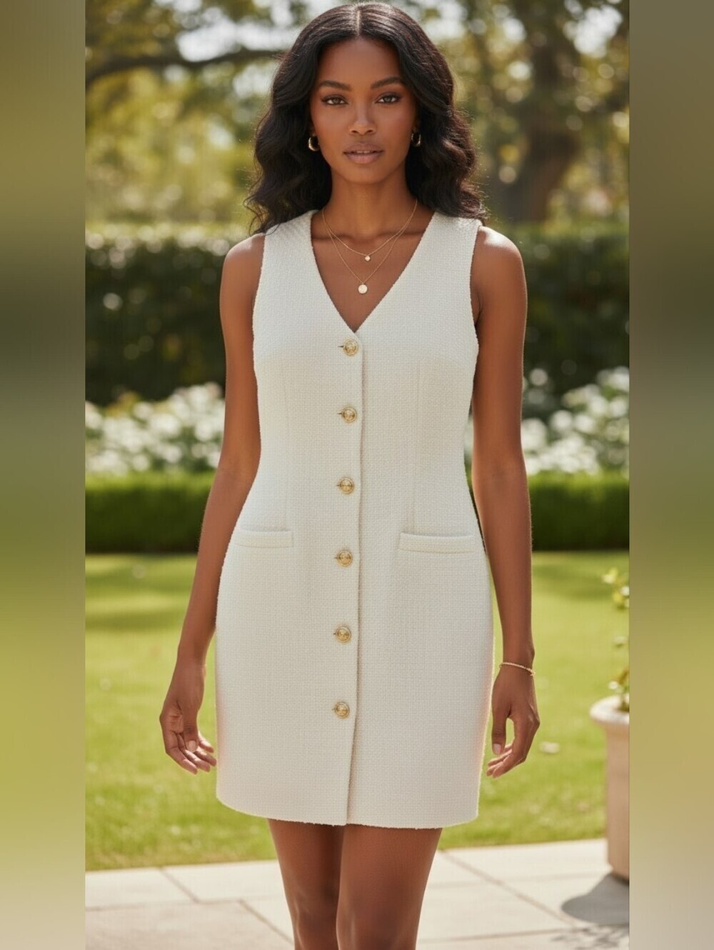 NWT BeBop Cream Boucle Tweed Sleeveless Mini Dress Button Front Size Small